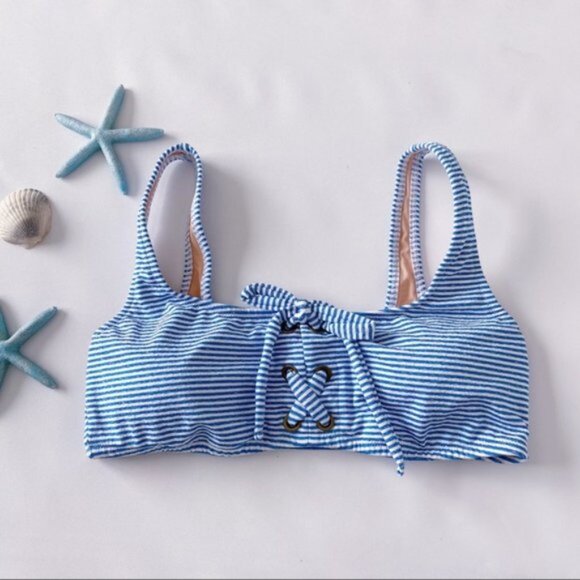 J. Crew | Lace Up Bikini Top Faded Stripe Blue White Preppy Nautical Swimwear XL - Picture 3 of 11